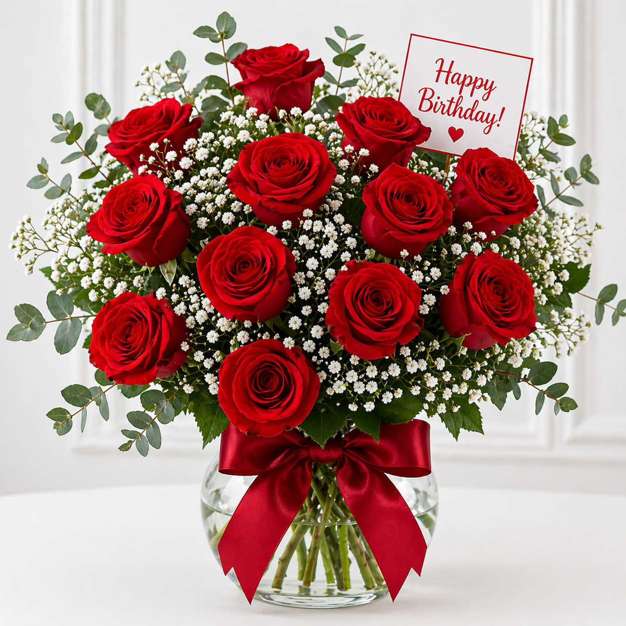 Luxury Crimson Rose & Crystal Birthday Bouquet in Glass Vase