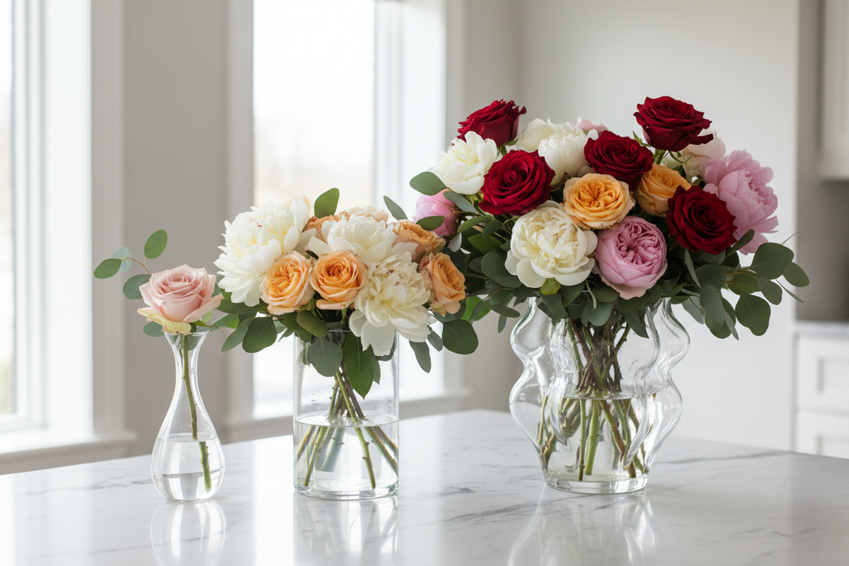 Glass Vases in three sizes with fresh flowers