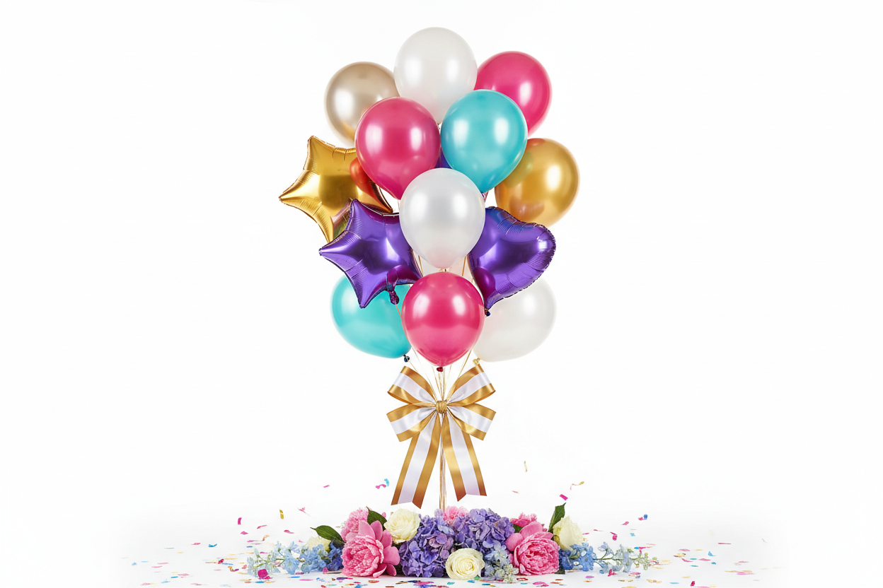 Colourful Themed Balloons - Pink, gold, purple, blue and white balloon bunch