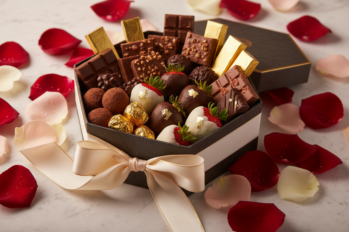 Gourmet Treats - Premium chocolate gift box with truffles and rose petals