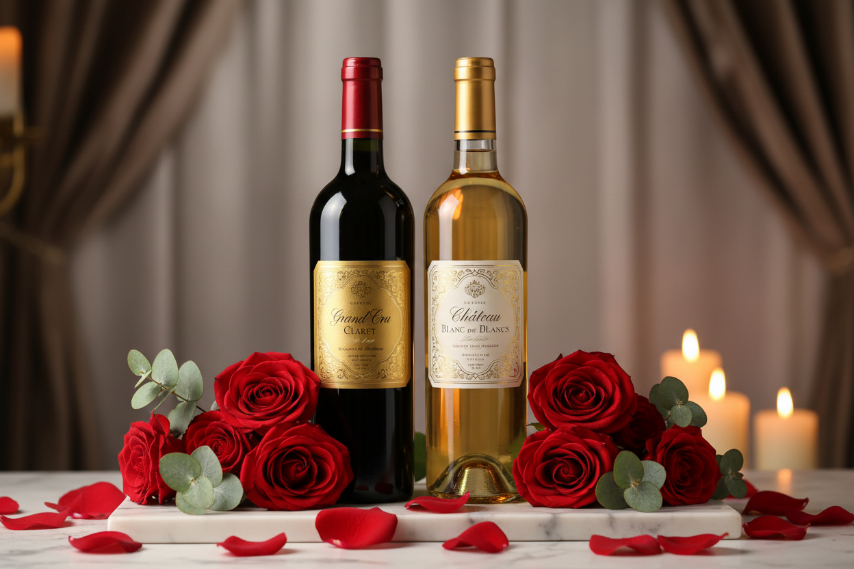 Premium Wines - Red and white wine bottles with fresh roses and eucalyptus