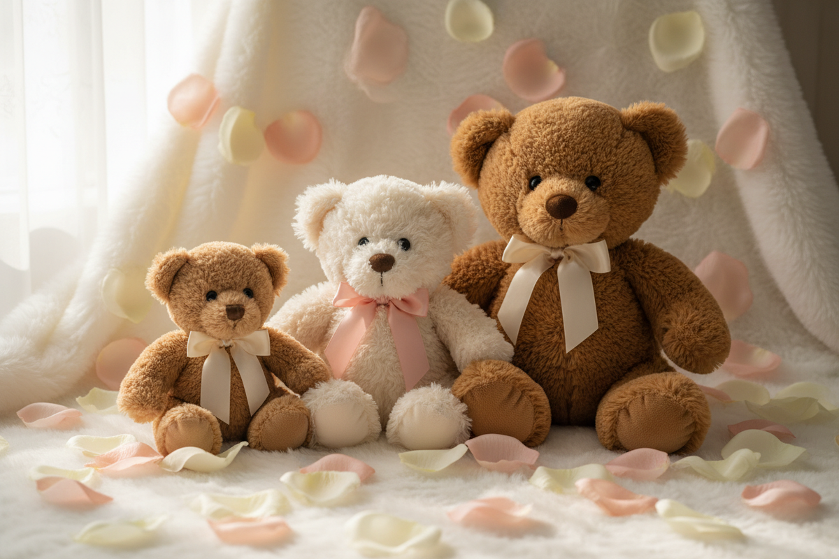 Cuddly Teddy Bears in three sizes with satin ribbon bows and rose petals